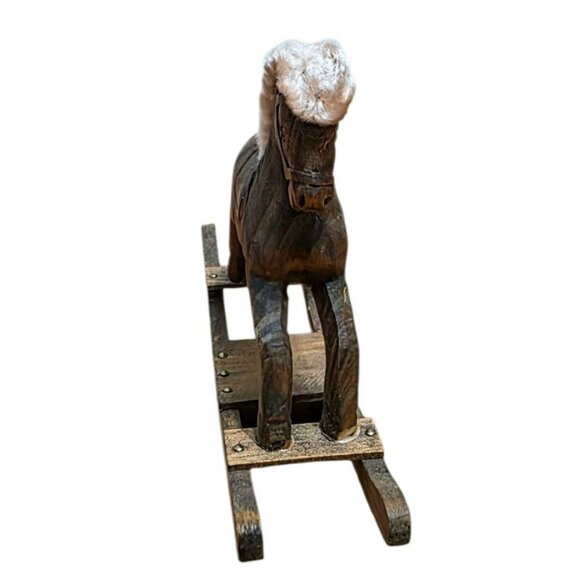 Vintage Hand Carved Wood Rocking Horse Fur Rustic Christmas Holiday Folk Art 7" - Picture 3 of 7